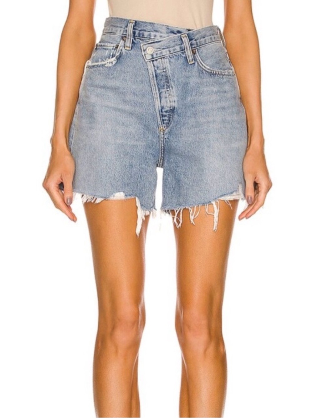 Agolde Criss Cross Light Blue High-Rise Frayed Denim Shorts Size 26